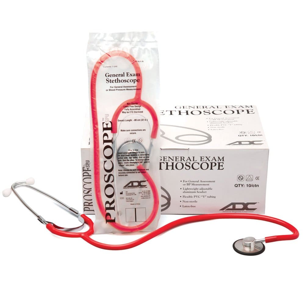 Red general exam stethoscope with boxes