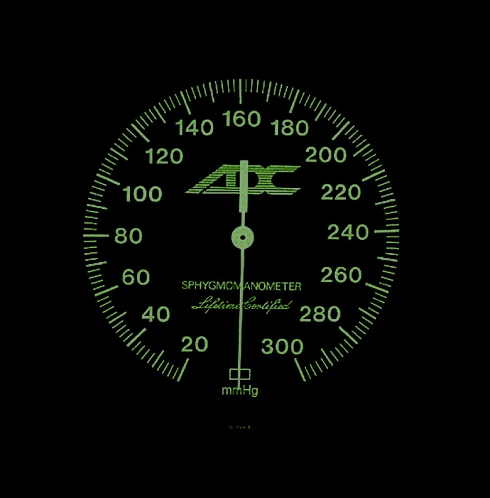 Green sphygmomanometer pressure gauge dial