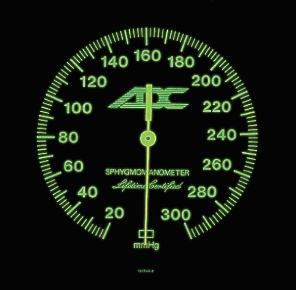 Green illuminated blood pressure gauge dial