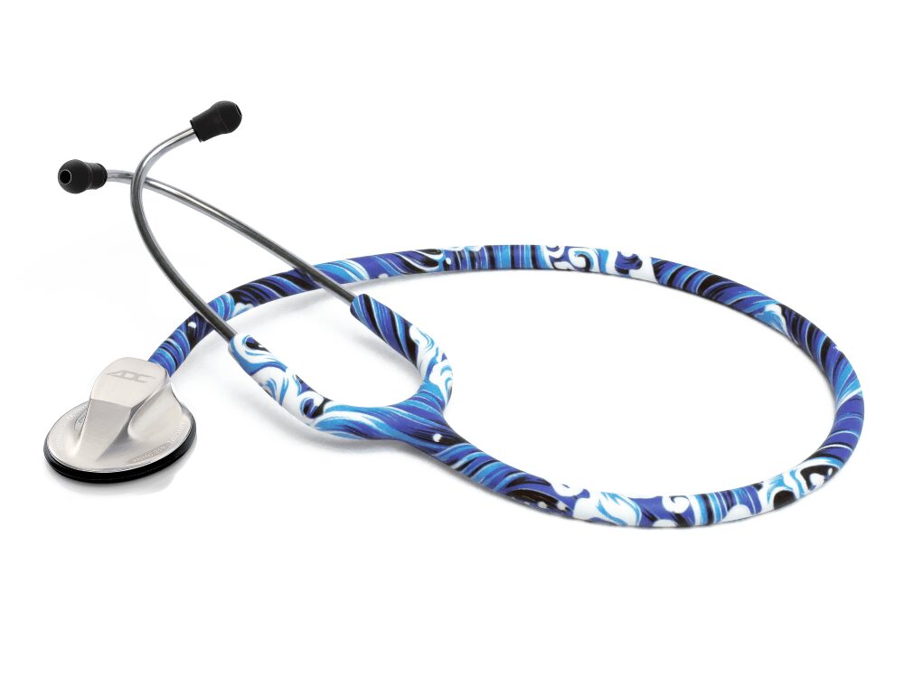 Blue patterned stethoscope on white background