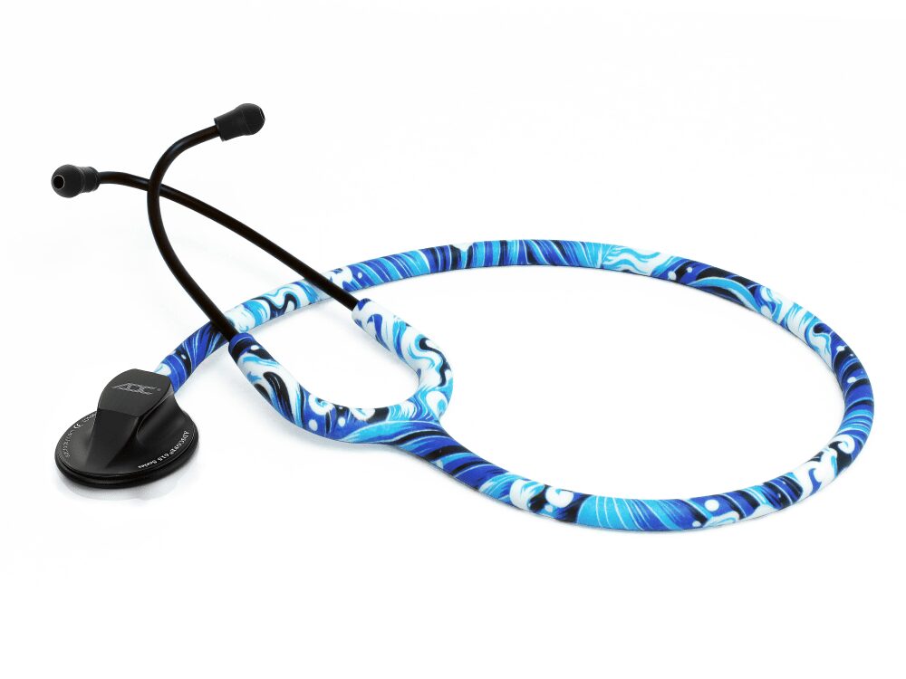 Blue patterned stethoscope on white background