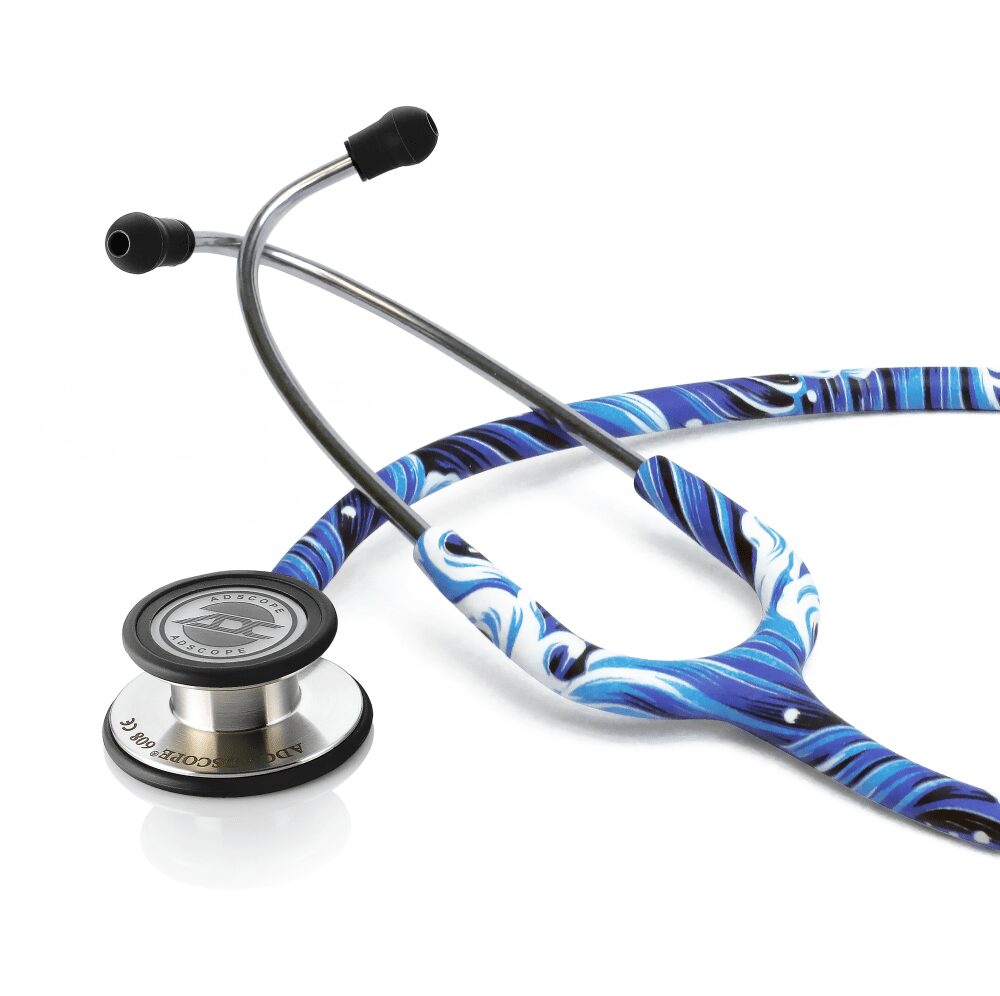 Blue patterned stethoscope on white background