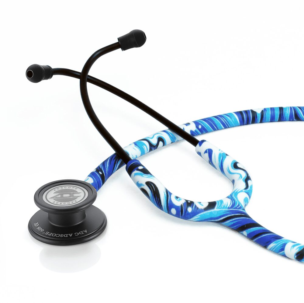 Blue marbled stethoscope on white background