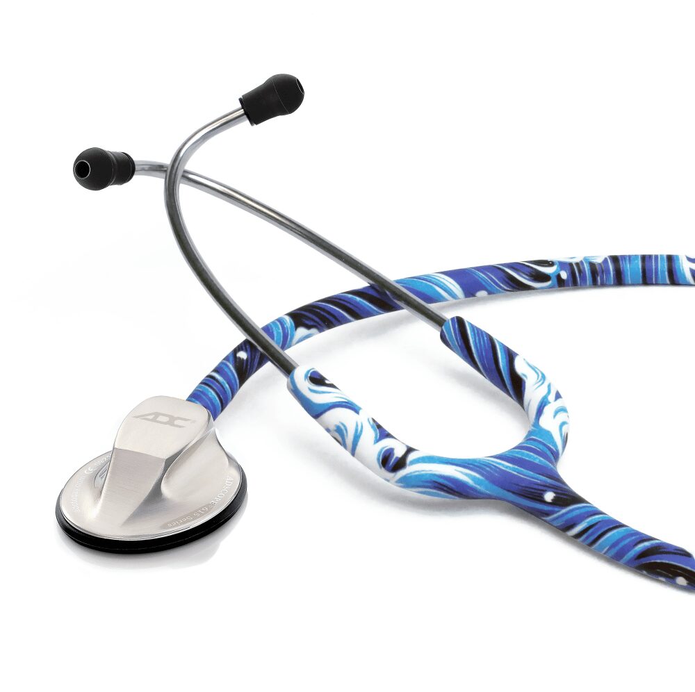 Blue patterned stethoscope on white background