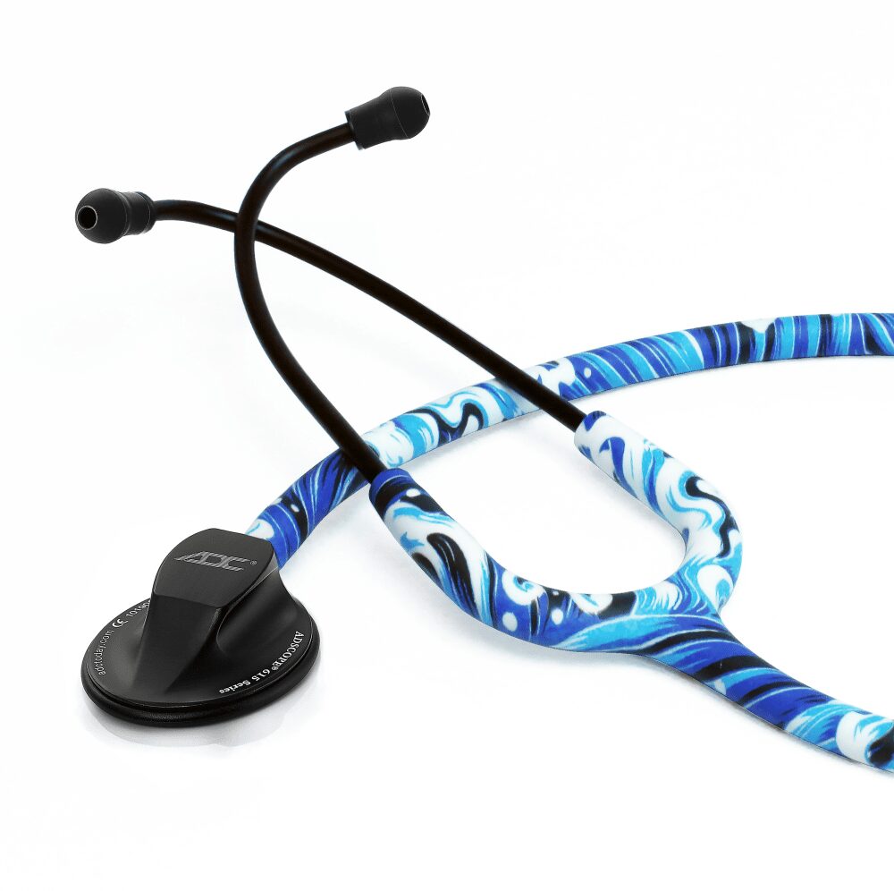 Blue marbled stethoscope on white background