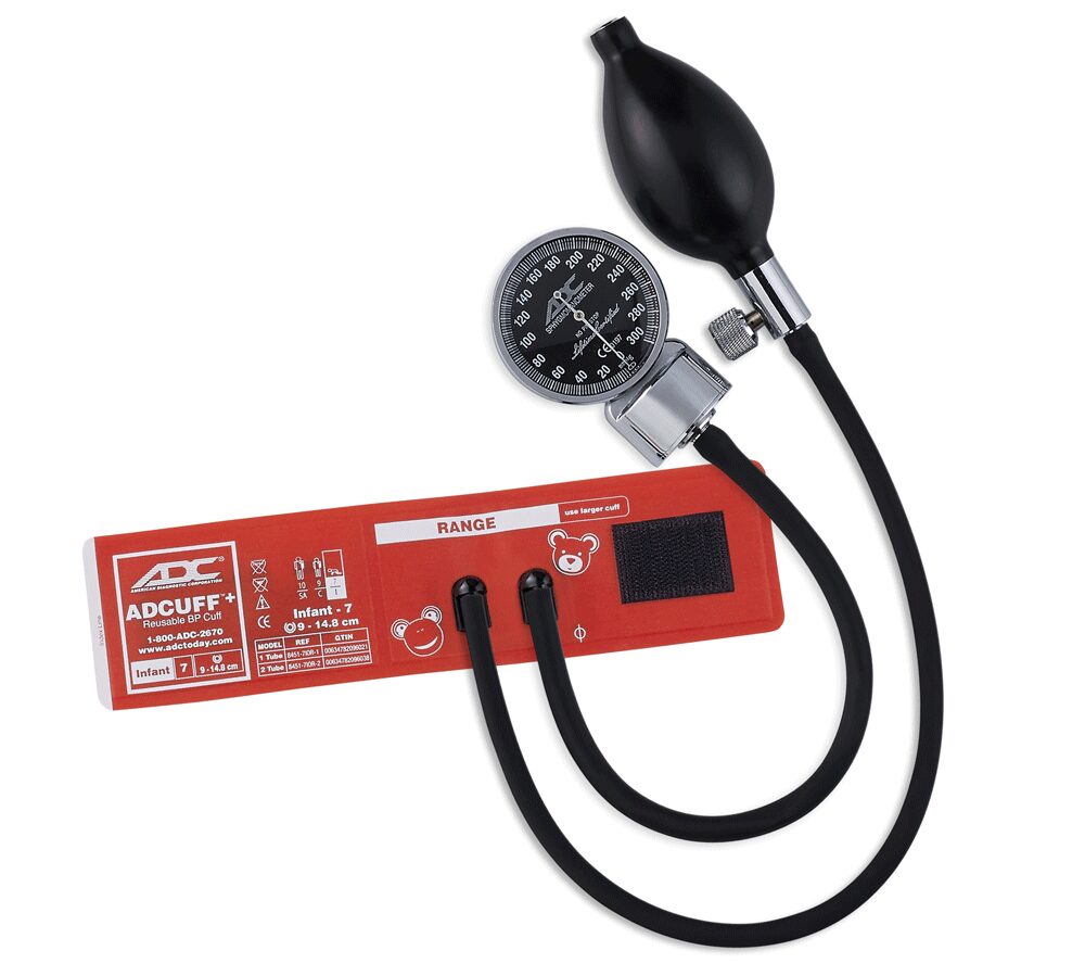 Red infant blood pressure cuff and gauge